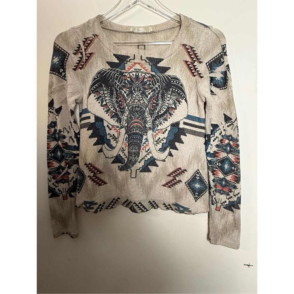 70s Tribal Elephant AOP All Over Print Pullover Top Geometric Native American XS